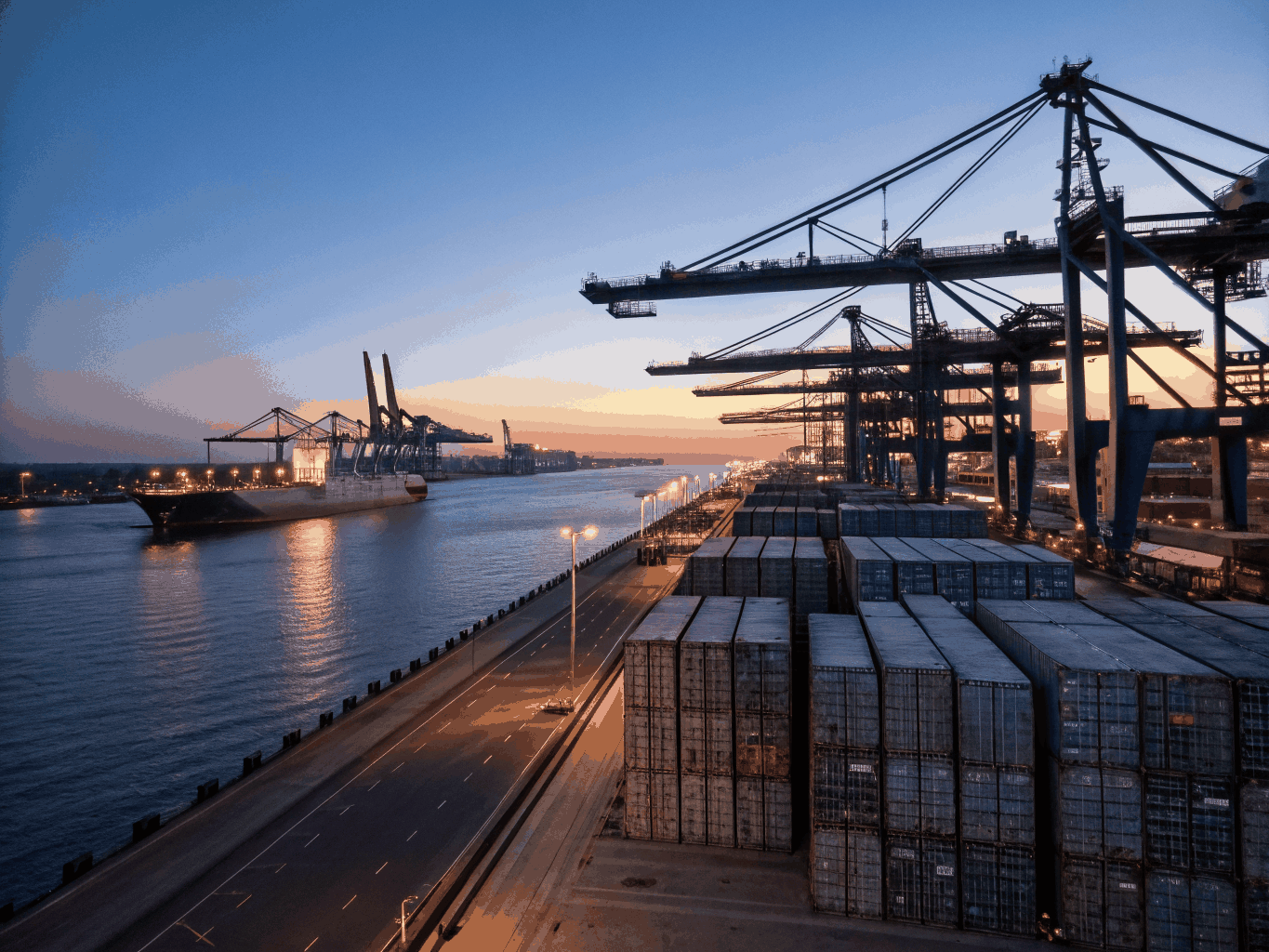 Modern shipping port at dusk representing global trade and logistics